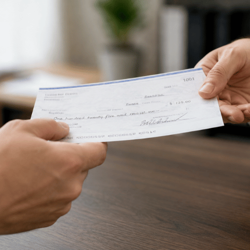A person handing the Blue Check to the other person.