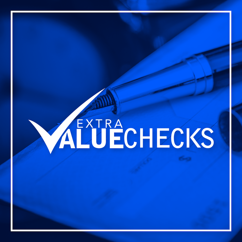 A bold, blue-toned graphic featuring a close-up of a pen resting on a check, overlaid with a checkmark icon and the text “Extra Value Checks,” conveying affordability and reliability with a clean, modern style.