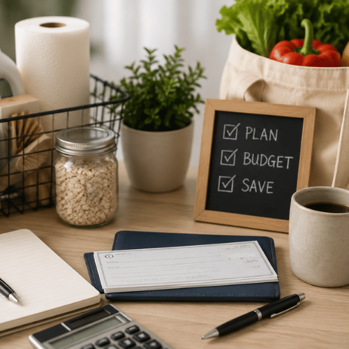 The image features an organized wooden desk arranged with financial tools like a checkbook, calculator, and notebook alongside a coffee mug, household essentials, a bag of fresh groceries, and a small framed chalkboard that reads "PLAN, BUDGET, SAVE" with checkmarks next to each word.