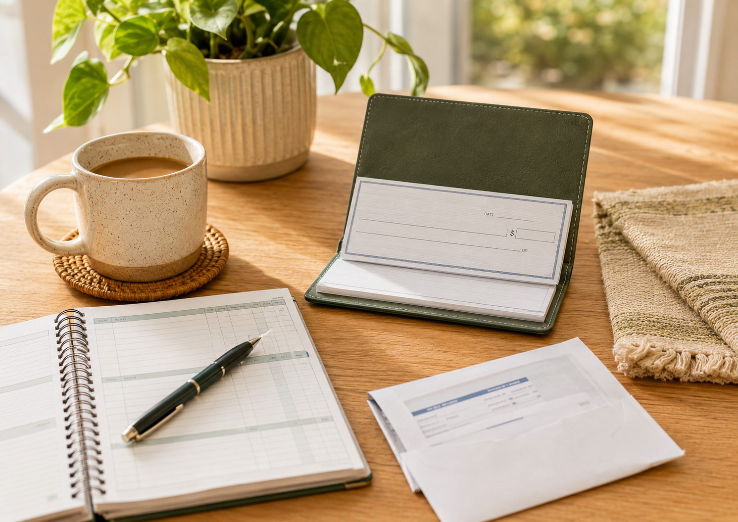 A neatly arranged home finance setup featuring a checkbook, budgeting journal, pen, and unopened bills on a wooden table. Natural light, a coffee mug, and a houseplant create a calm environment for managing household expenses and financial planning.