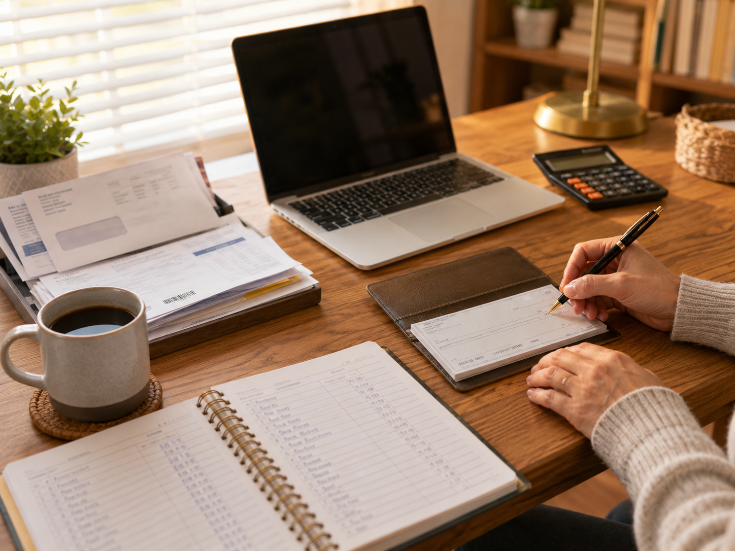 A person managing personal finances at a home office desk, writing a check while reviewing bills and account records. A laptop, calculator, coffee mug, and financial documents create an organized budgeting and bill-payment workspace.