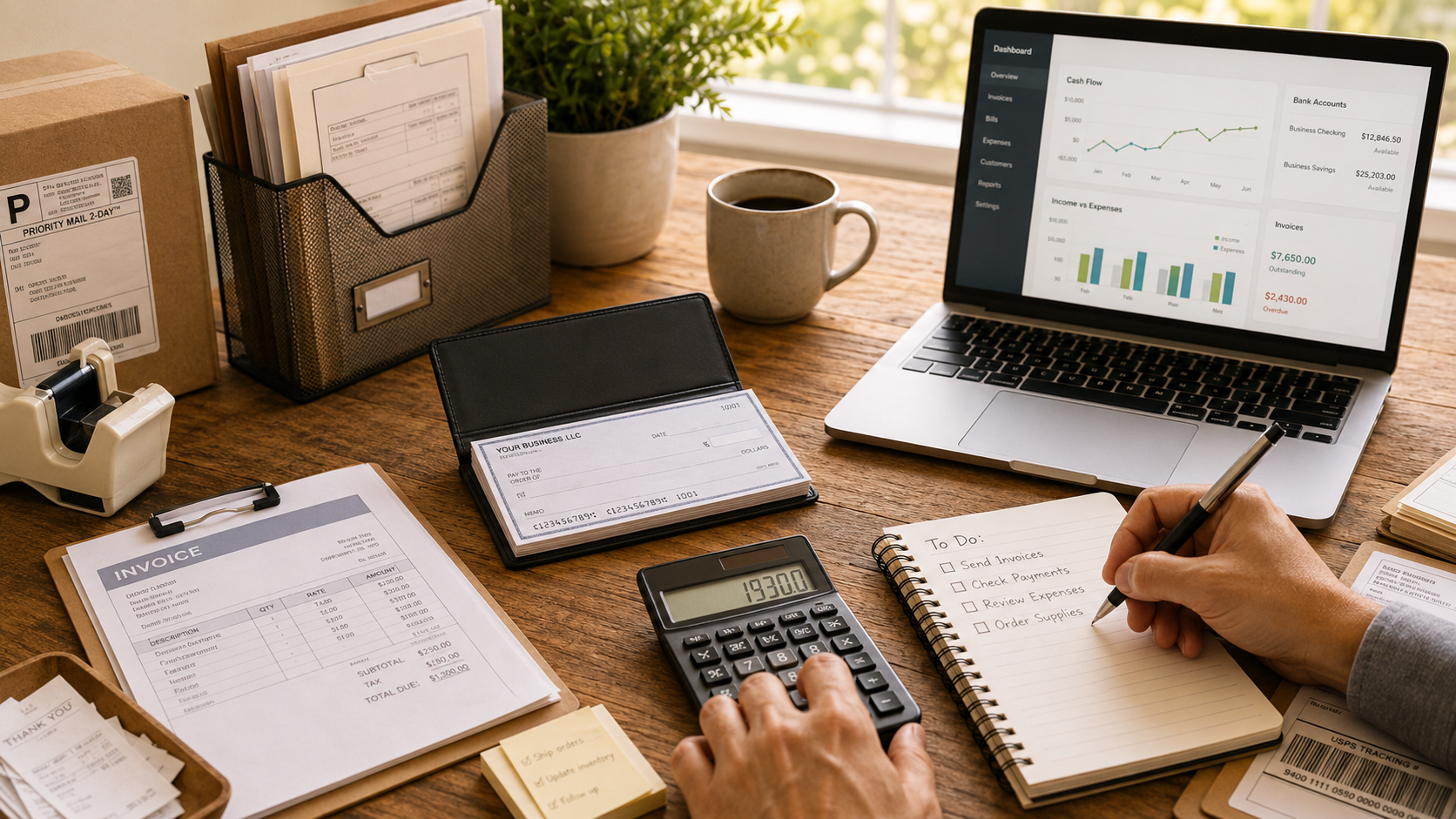 A business desk with invoices, a checkbook, calculator, laptop displaying financial dashboards, and shipping supplies. The image represents organized bookkeeping, invoice management, check payments, and day-to-day business financial operations.