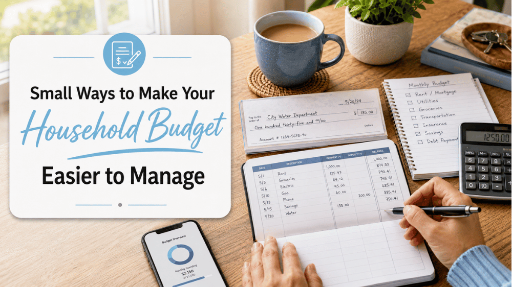 A person reviews household expenses using a budget ledger, calculator, smartphone, and checkbook at a desk. The image emphasizes simple budgeting practices that help track spending, organize bills, and improve financial management.