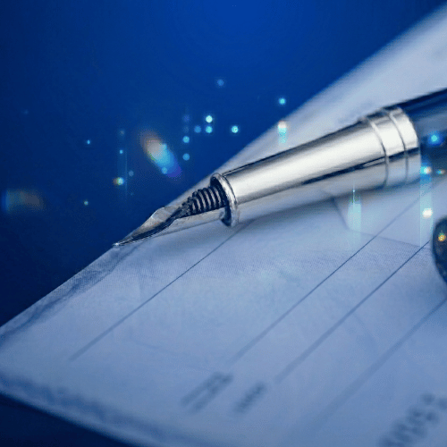 Close-up of a fountain pen resting on a checkbook, symbolizing financial management and savings.